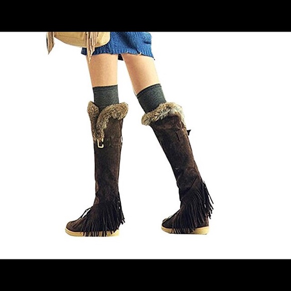 2pr over knee fur fringe boho moccasin boots 5 1/2 - Picture 4 of 6
